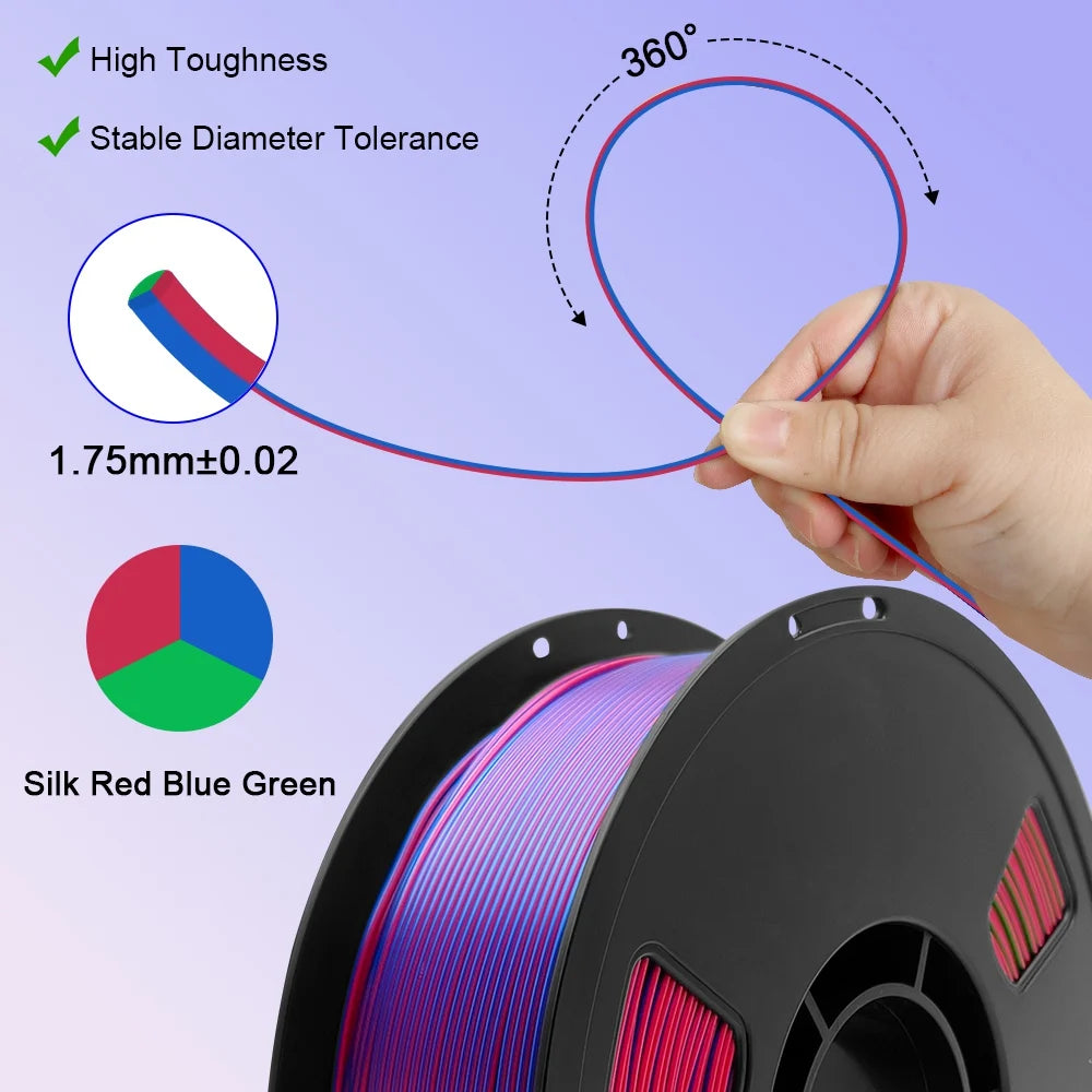 5KG Tricolor Silk PLA 3D Printer Filament 1.75mm 1kg/spool 3D Printing Material, Color Change by Angle PLA Silk Rainbow, 5 Roll
