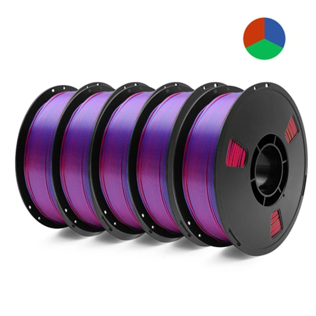 5KG Tricolor Silk PLA 3D Printer Filament 1.75mm 1kg/spool 3D Printing Material, Color Change by Angle PLA Silk Rainbow, 5 Roll