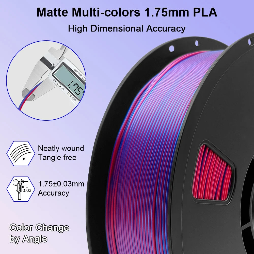 5KG Tricolor Silk PLA 3D Printer Filament 1.75mm 1kg/spool 3D Printing Material, Color Change by Angle PLA Silk Rainbow, 5 Roll