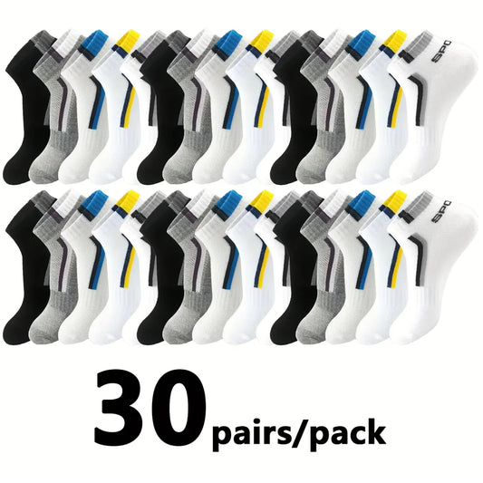 30Pairs Men Socks Mesh Breathable Short Casual Socks Color-block Sports Sock Sports Socks Absorb Sweat Ankle